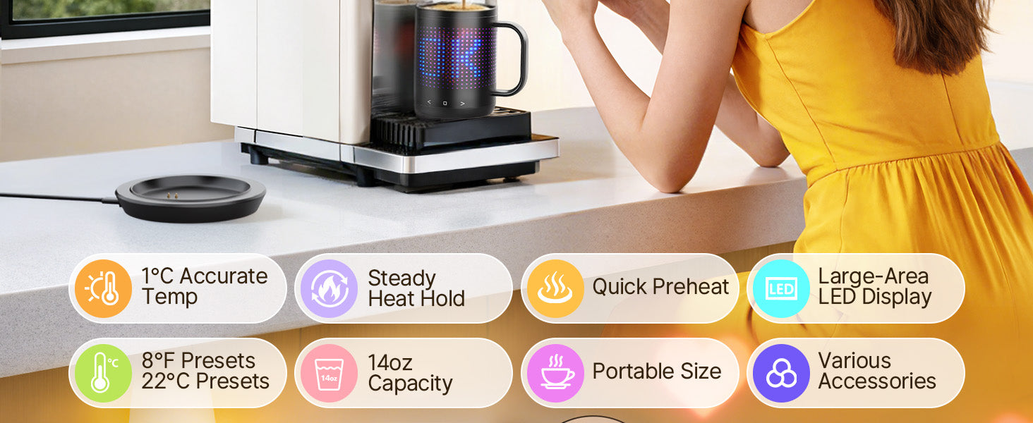 VaposaVibe Coffee Mug Warmer with LED Pattern, 4500mAh*2 Ultra-Long Battery Life & ±1°C Accuracy Heated Coffee Mug Rechargeable, Heated Coffee Mug Ideal for Coffee, Tea, Milk & Water