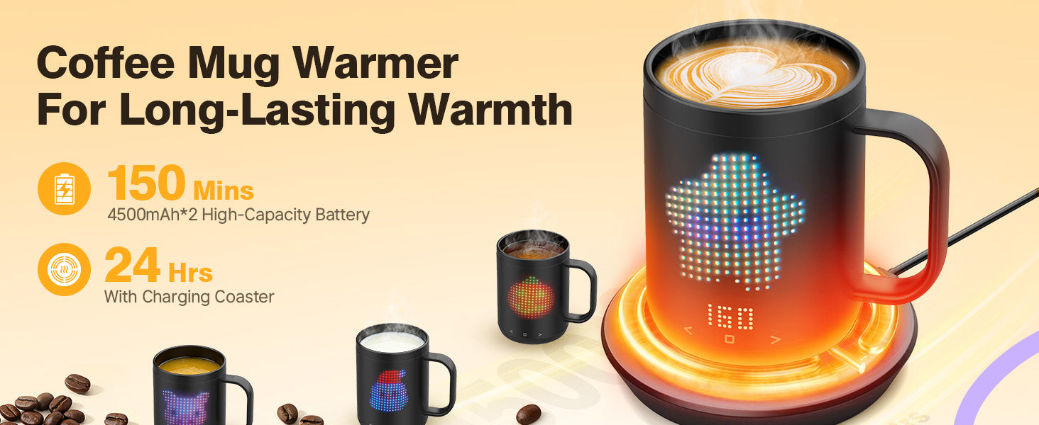 VaposaVibe Coffee Mug Warmer with LED Pattern, 4500mAh*2 Ultra-Long Battery Life & ±1°C Accuracy Heated Coffee Mug Rechargeable, Heated Coffee Mug Ideal for Coffee, Tea, Milk & Water