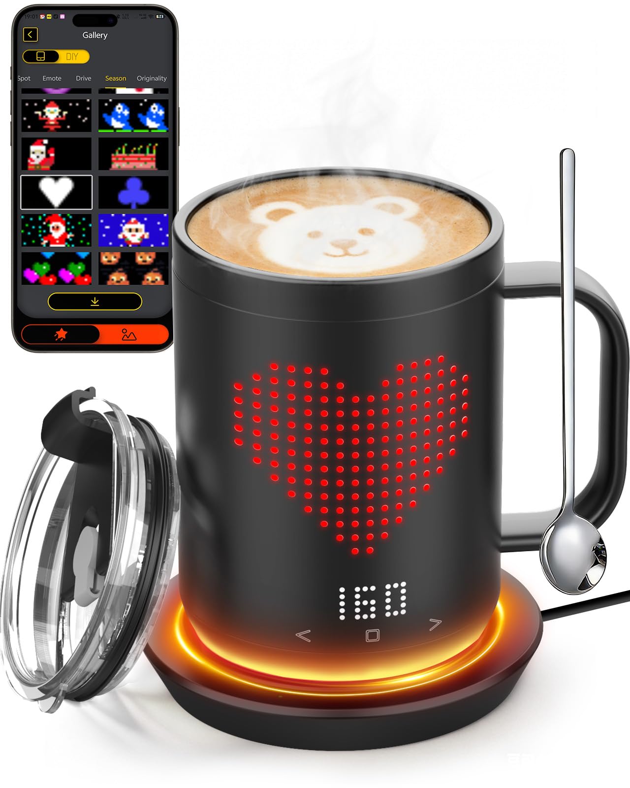 VaposaVibe Coffee Mug Warmer with LED Pattern, 4500mAh*2 Ultra-Long Battery Life & ±1°C Accuracy Heated Coffee Mug Rechargeable, Heated Coffee Mug Ideal for Coffee, Tea, Milk & Water