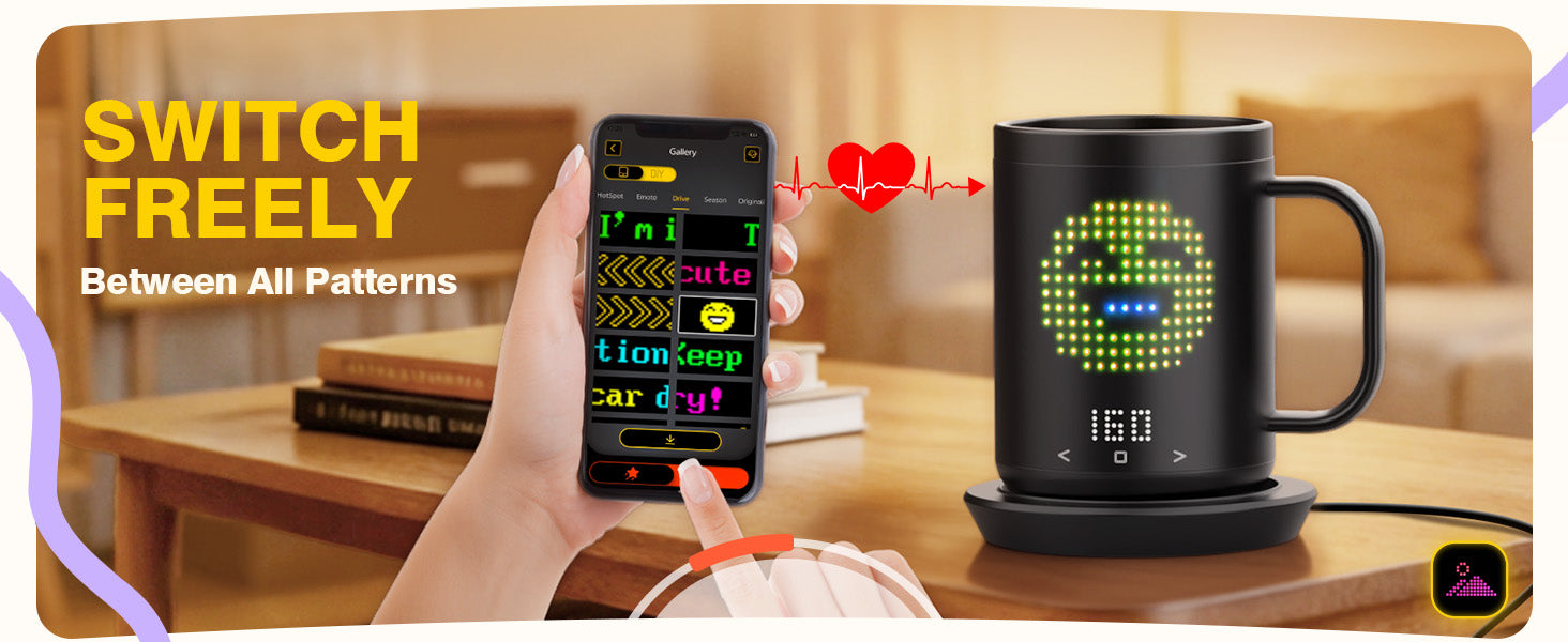 VaposaVibe Coffee Mug Warmer with LED Pattern, 4500mAh*2 Ultra-Long Battery Life & ±1°C Accuracy Heated Coffee Mug Rechargeable, Heated Coffee Mug Ideal for Coffee, Tea, Milk & Water