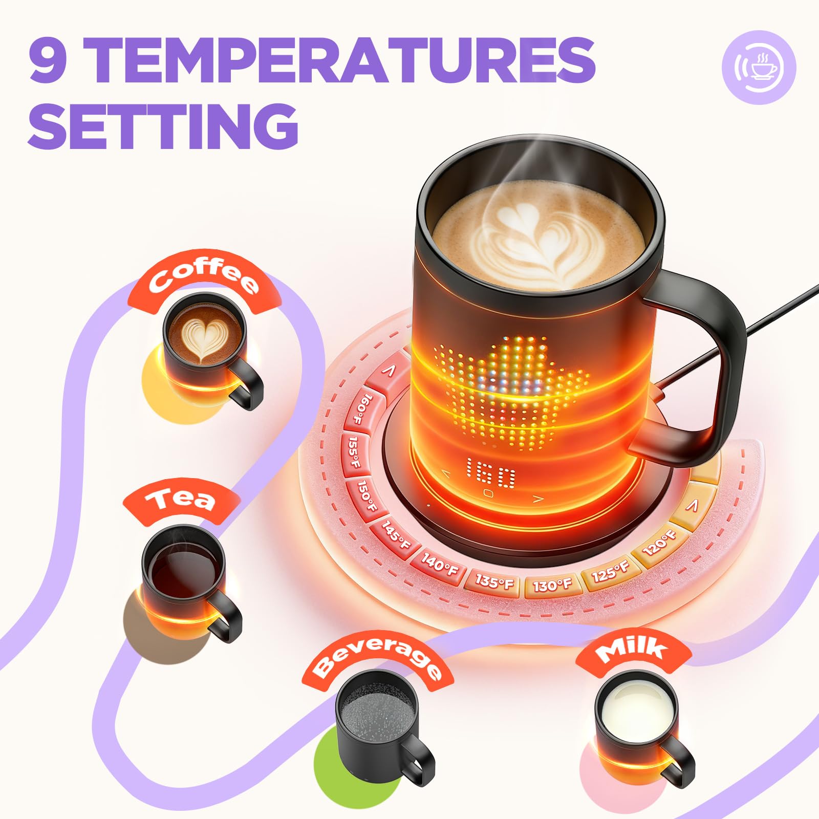 VaposaVibe Coffee Mug Warmer with LED Pattern, 4500mAh*2 Ultra-Long Battery Life & ±1°C Accuracy Heated Coffee Mug Rechargeable, Heated Coffee Mug Ideal for Coffee, Tea, Milk & Water