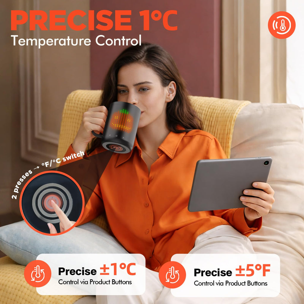 VaposaVibe Coffee Mug Warmer with LED Pattern, 4500mAh*2 Ultra-Long Battery Life & ±1°C Accuracy Heated Coffee Mug Rechargeable, Heated Coffee Mug Ideal for Coffee, Tea, Milk & Water