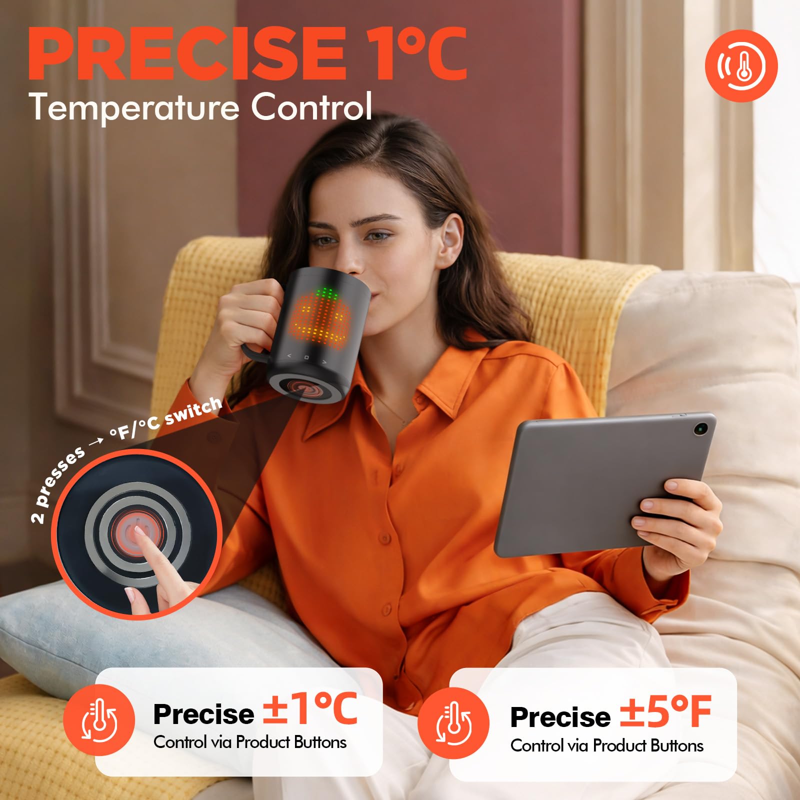 VaposaVibe Coffee Mug Warmer with LED Pattern, 4500mAh*2 Ultra-Long Battery Life & ±1°C Accuracy Heated Coffee Mug Rechargeable, Heated Coffee Mug Ideal for Coffee, Tea, Milk & Water
