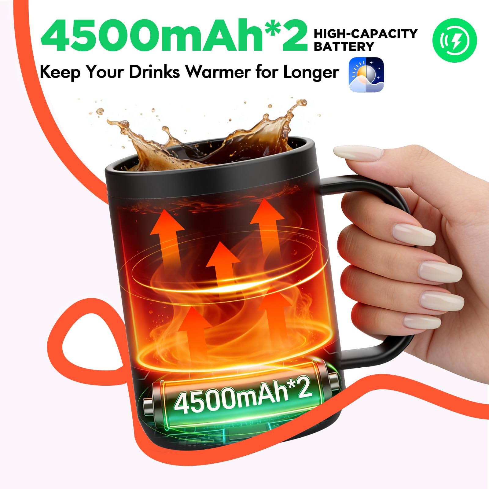 VaposaVibe Coffee Mug Warmer with LED Pattern, 4500mAh*2 Ultra-Long Battery Life & ±1°C Accuracy Heated Coffee Mug Rechargeable, Heated Coffee Mug Ideal for Coffee, Tea, Milk & Water