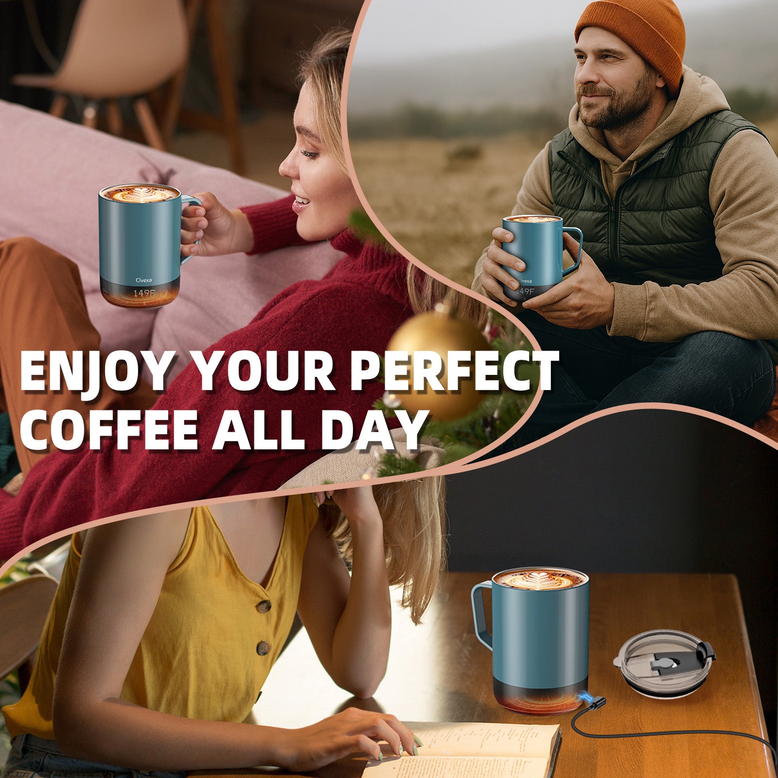 VaposaVibe Magnetic Charging Rechargeable Self Heating Coffee Mug, Fast Heating & High Temperature 14Oz Smart Coffee Cup Warmer, 120 Mins -Hot Up to 149℉ Smart Mug Warmer, Gifts for Women and Men(No APP)